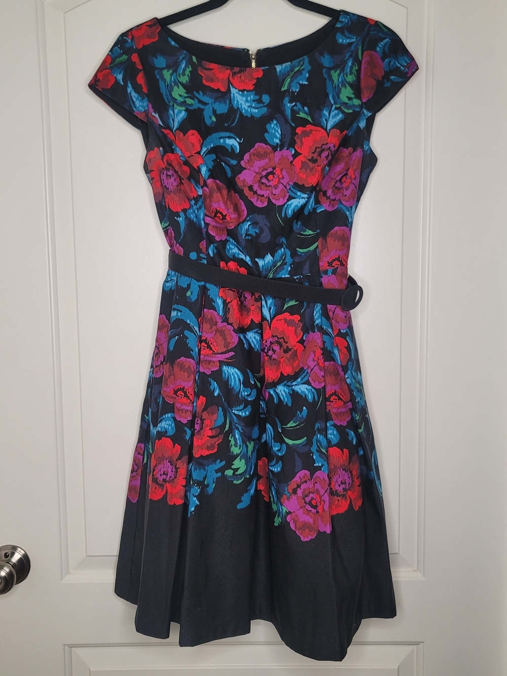 Eliza J Black Midi Dress with Red, Pink & Blue Floral Print
